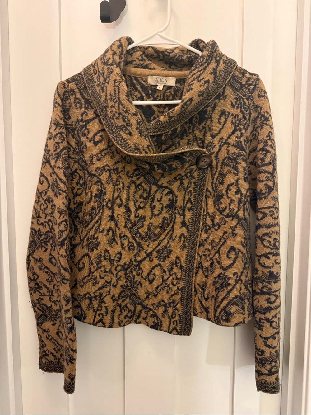 A.ida Tan and Black Shawl-Collar Patterned Cardigan
